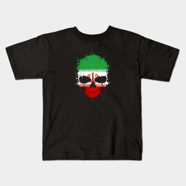 Chaotic Iranian Flag Splatter Skull Kids T-Shirt by jeffbartels